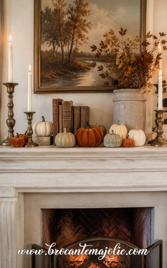 small pumpkins on a mantle