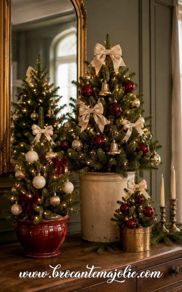 mini christmas trees on a console