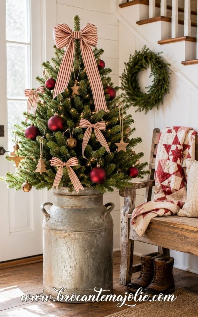 farmhouse mini christmas tree in a milk pot