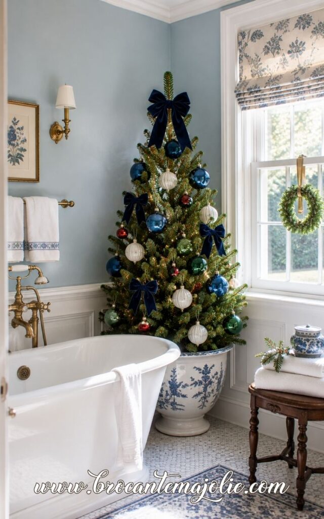 mini christmas tree in a bathroom