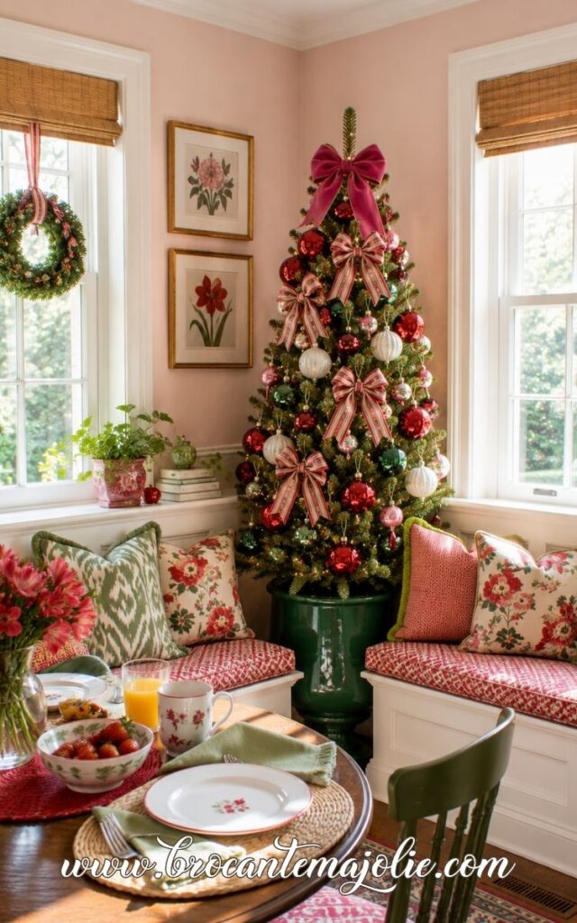 mini christmas tree on a corner in a dining room