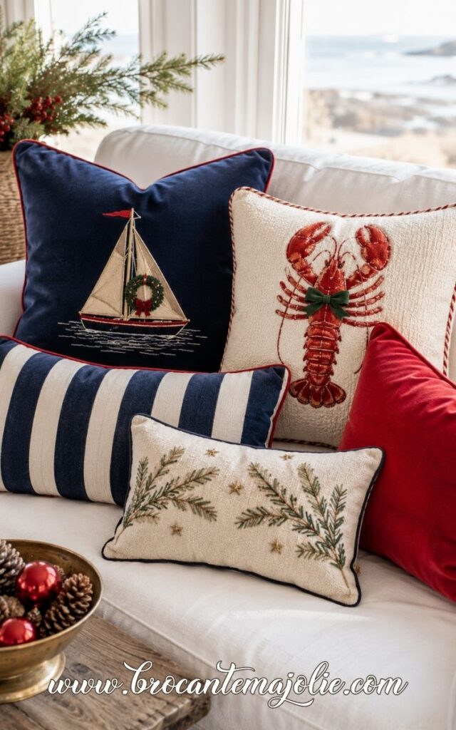 blue and red christmas couch pillows