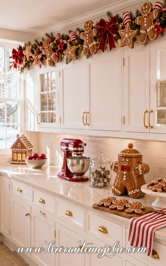 gingerbread kitchen above cabinet garland