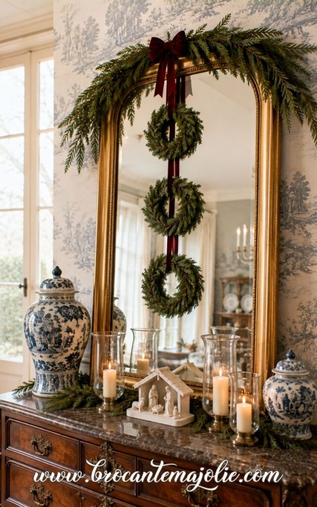 christmas mirror decor with garland and wreaths