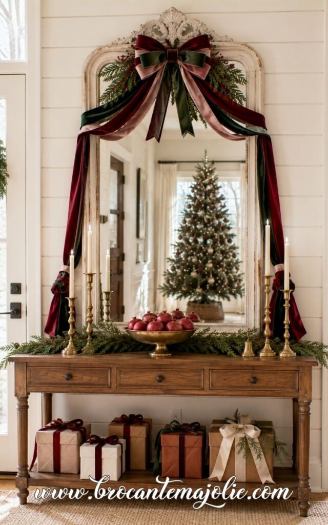 christmas mirror decor with ribbons