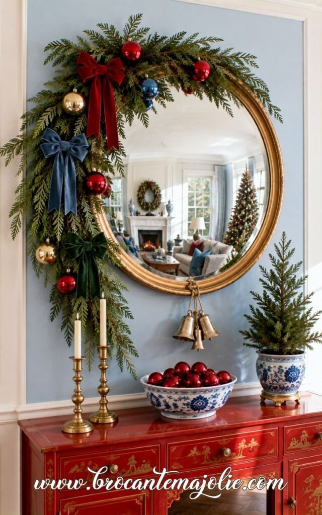 christmas mirror decor with bells