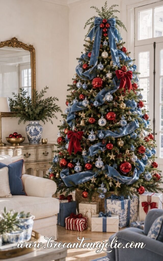 blue and red french country christmas tree