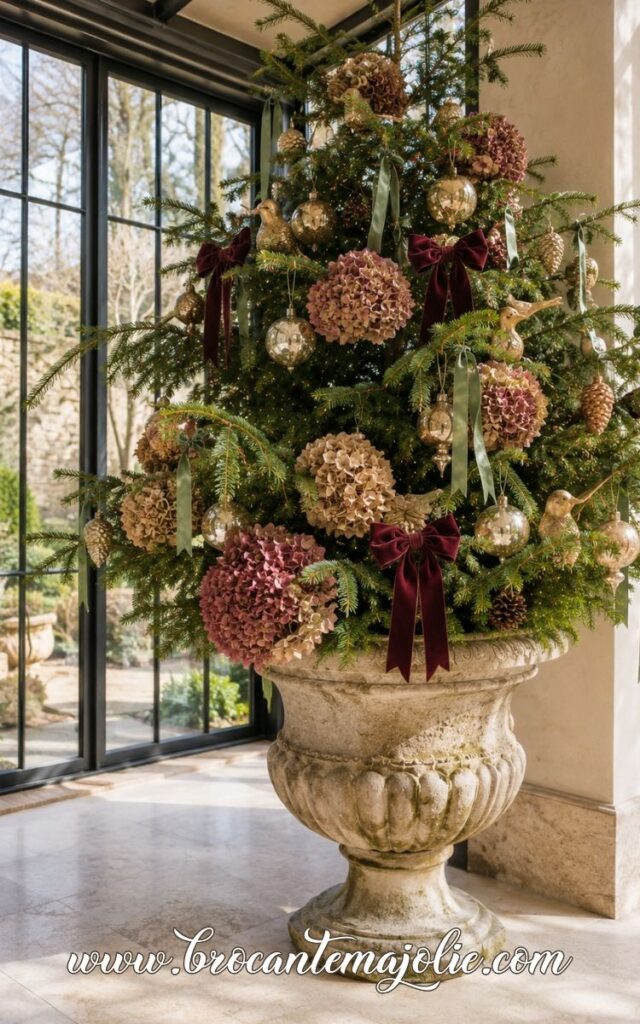 french country christmas tree in urn