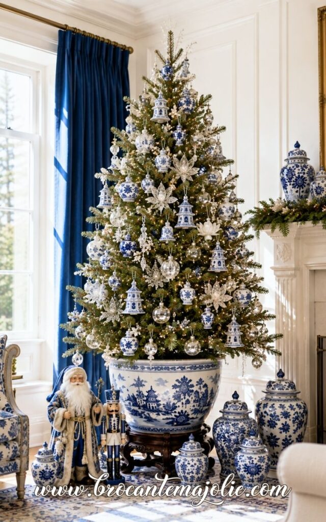 french christmas tree in blue and white planter