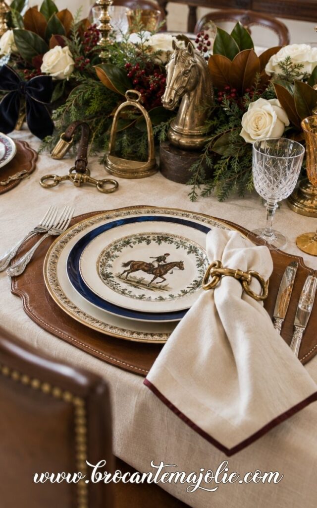 ralph lauren christmas table decor with brass and leather
