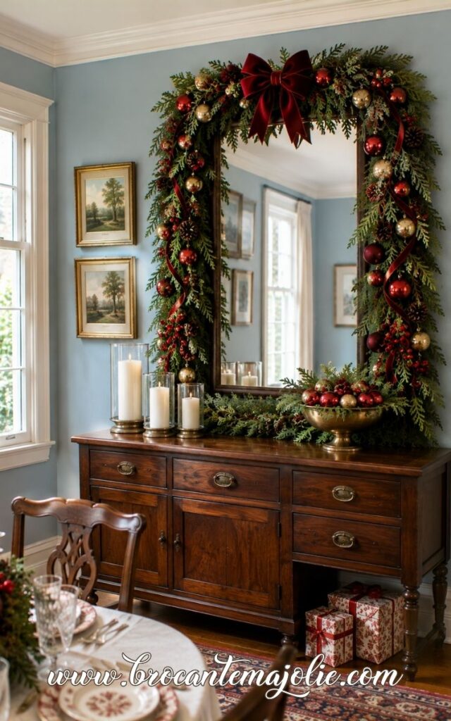 christmas mirror decor with garland