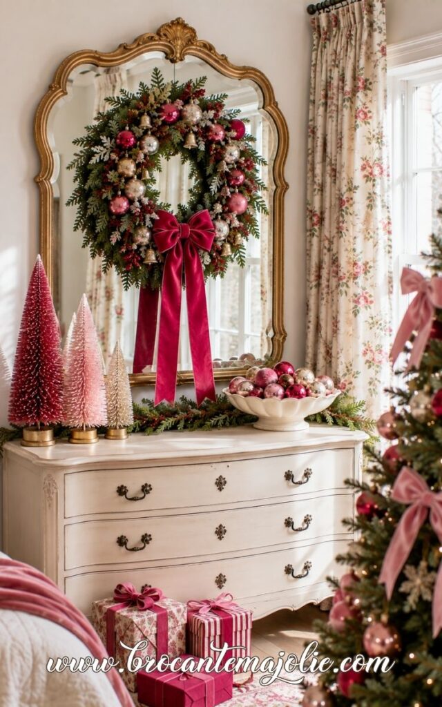pink christmas mirror decor with wreath