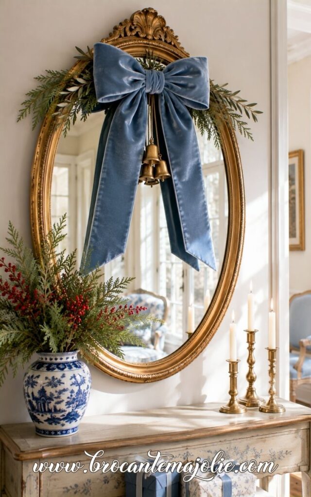 oval christmas mirror with ribbon