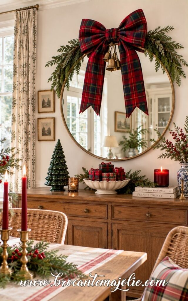 round christmas mirror decor with ribbon