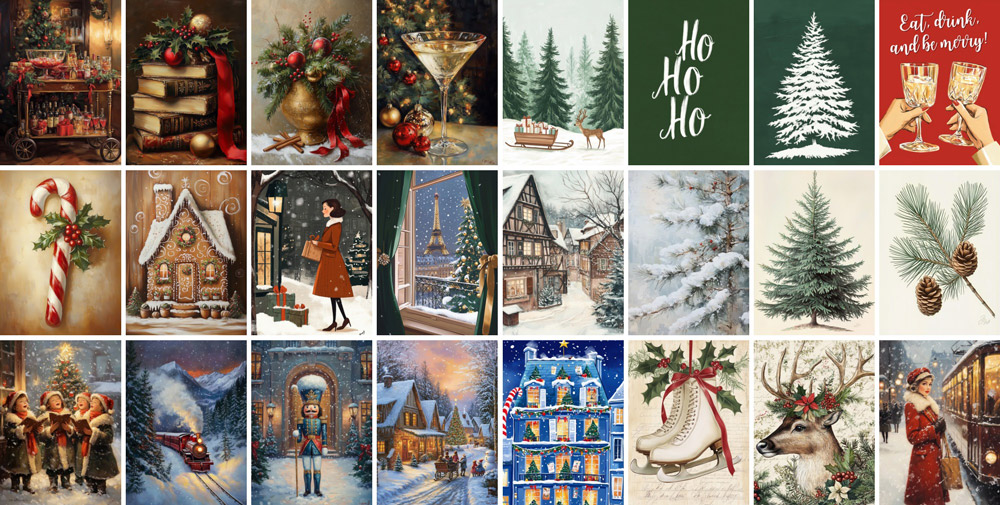 The first 24 vintage Christmas prints, including snowy villages, winter botanicals, gingerbread and festive scenes.