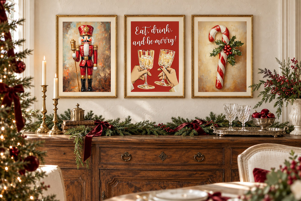 Coordinating vintage Christmas prints displayed above an antique console.