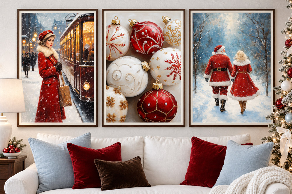 A coordinating set of vintage Christmas prints displayed above a sofa.