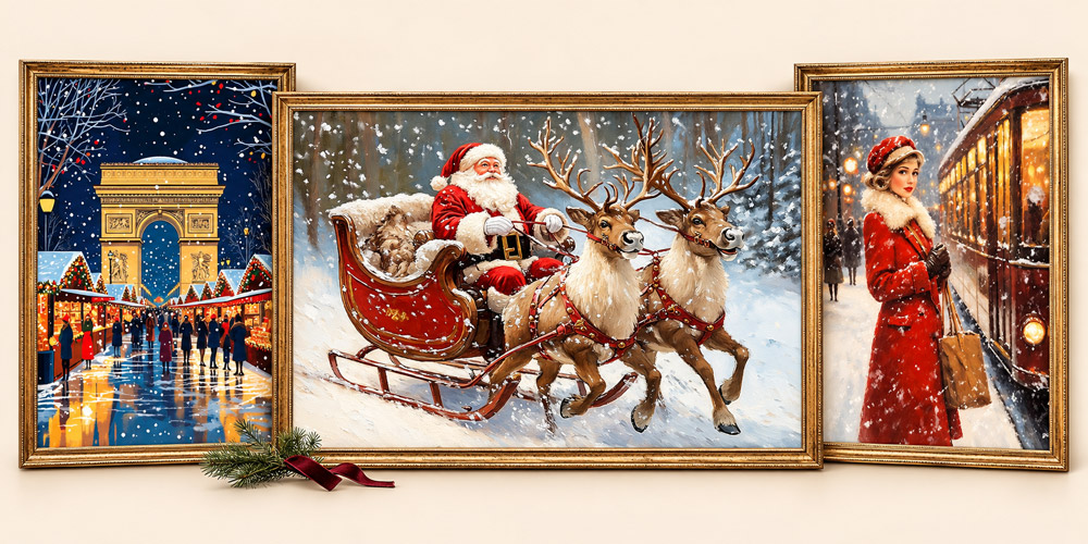 Three vintage Christmas prints displayed in gold frames