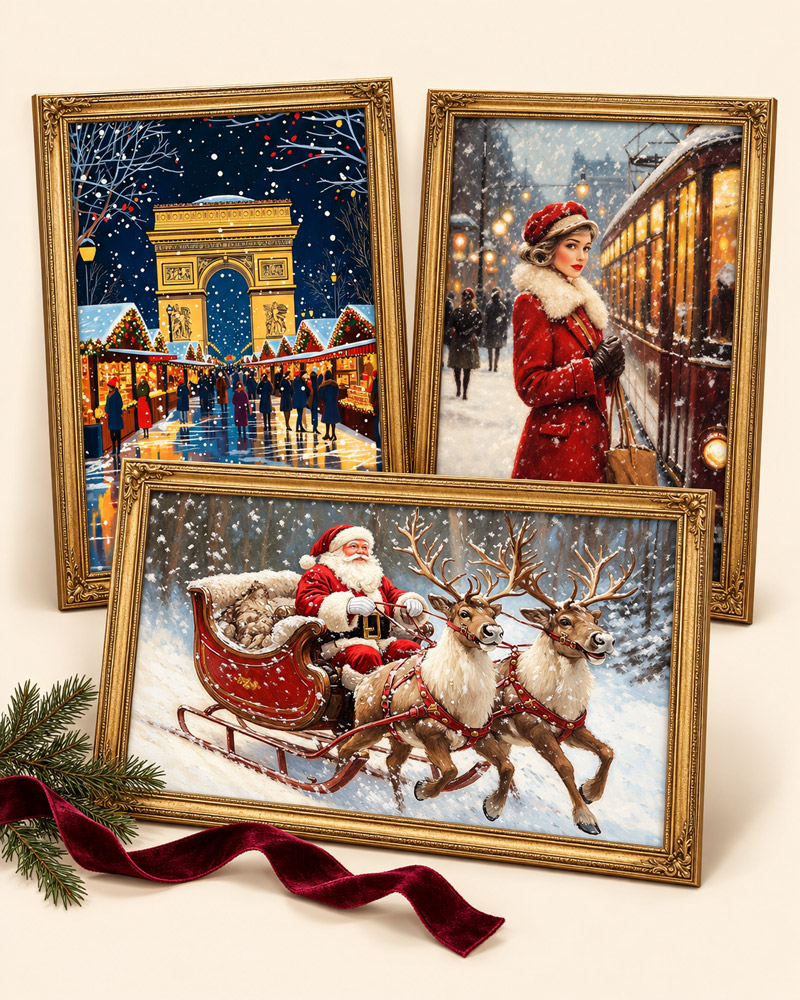 Vintage Christmas prints featuring Santa, a Paris Christmas market, and a woman beside a vintage train