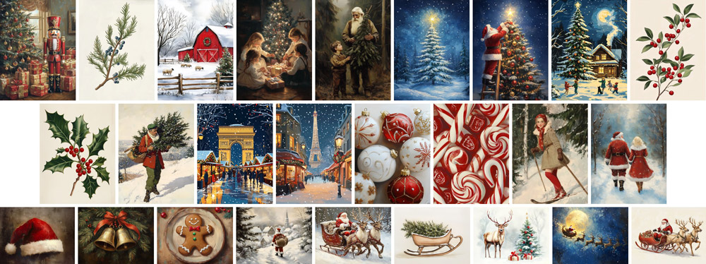 The remaining 26 vintage Christmas prints, including Santa illustrations, French Christmas streets, festive botanicals and winter landscapes.