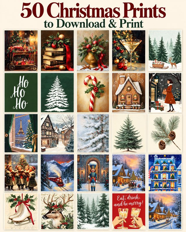 Preview of the 50 vintage Christmas prints available to download and print.